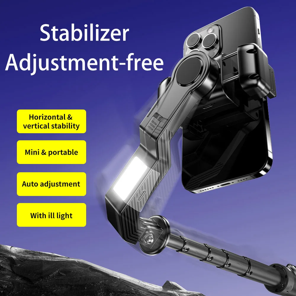 Gros plan sur le stabilisateur cardan pour perche selfie montrant l'axe unique et le bouton de la télécommande intégrée.