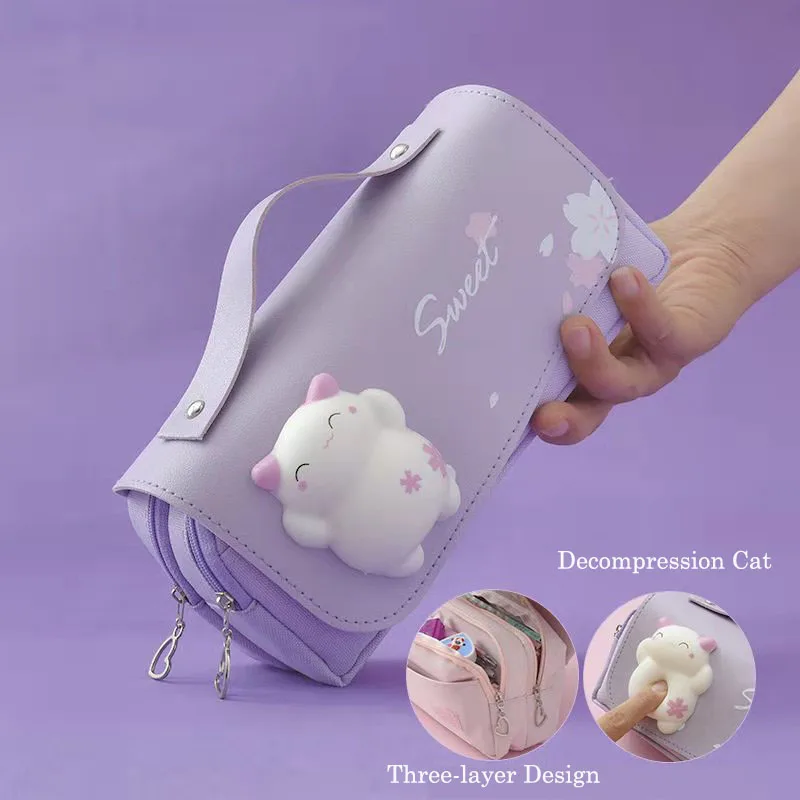 Cute Cat Decompression Pencil Case Large-capacity Three-layer