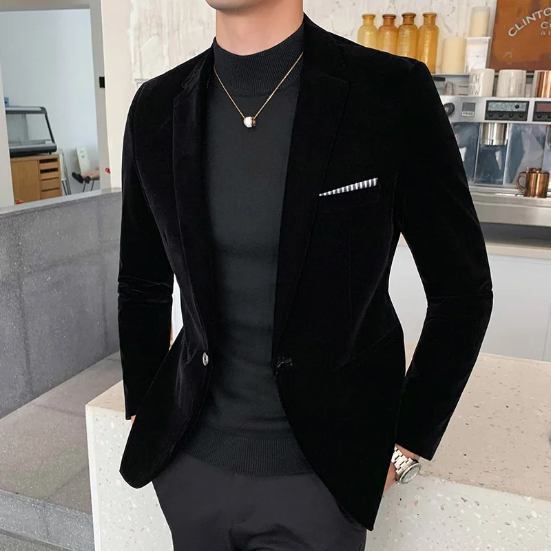 

Autum Velvet Wedding Dress Coat Mens Blazer Jacket Fashion Casual Suit Jacket Stage DJ Men's Business Blazers Costume Homme