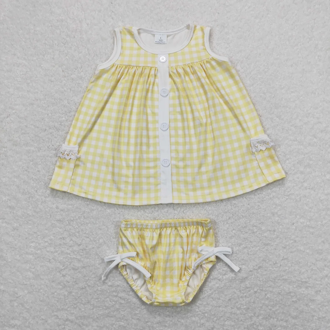 

Wholesale Kids Outfit Children Sleeveless Yellow Checkered Pocket Tunic Bummie Shorts Infant Summer Baby Girl Toddler Set