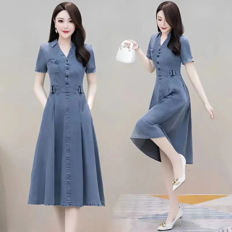 

Платье с коротким рукавом в ковбойском стиле для женщин, платье с поясом средней длины в новом китайском стиле, лето 2024