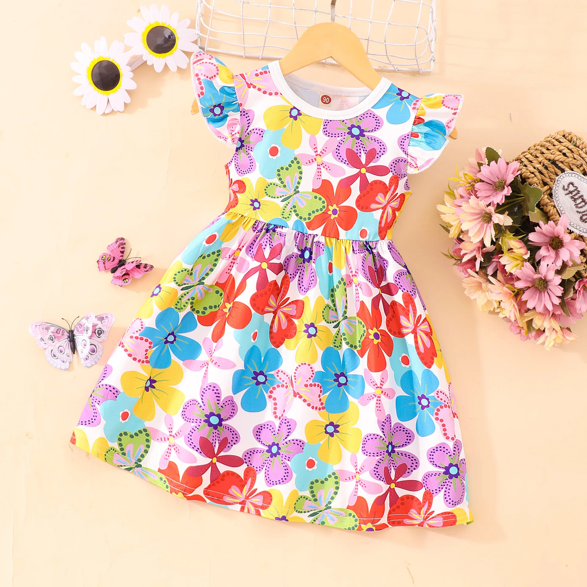 

Girls' Kids' Butterfly Printed Fly Sleeve Waisted A-Line Random Bundle Stripe Color Dresses