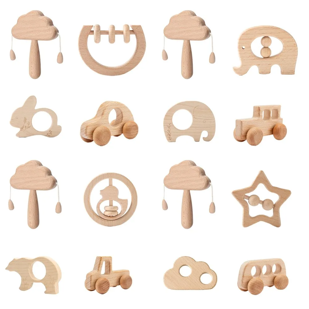 

4pcs Baby Wooden Car Toy Baby Wooden Teether Hand Rattle Food Grade Cartoon Animal Teether Infant Teething Toy Set Gifts