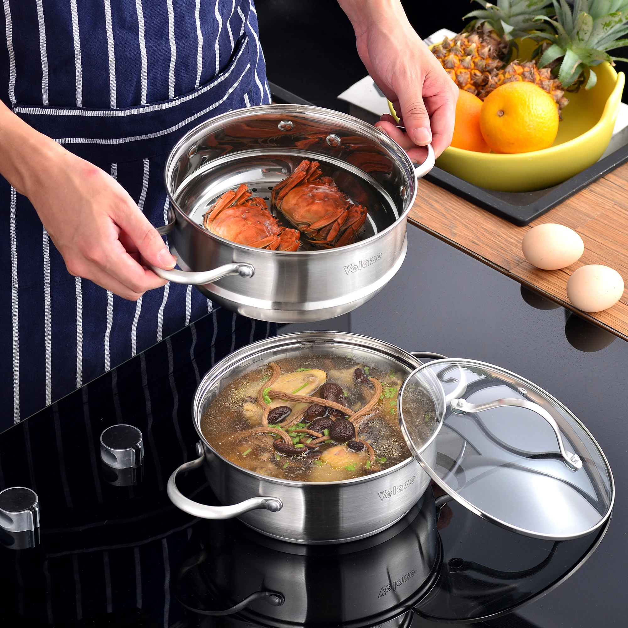 Stainless Steel Cookware Set 8/9/14 Piece Cooking Pot Pan Set Induction Safe Saucepan Casserole with Glass lid Non Stick