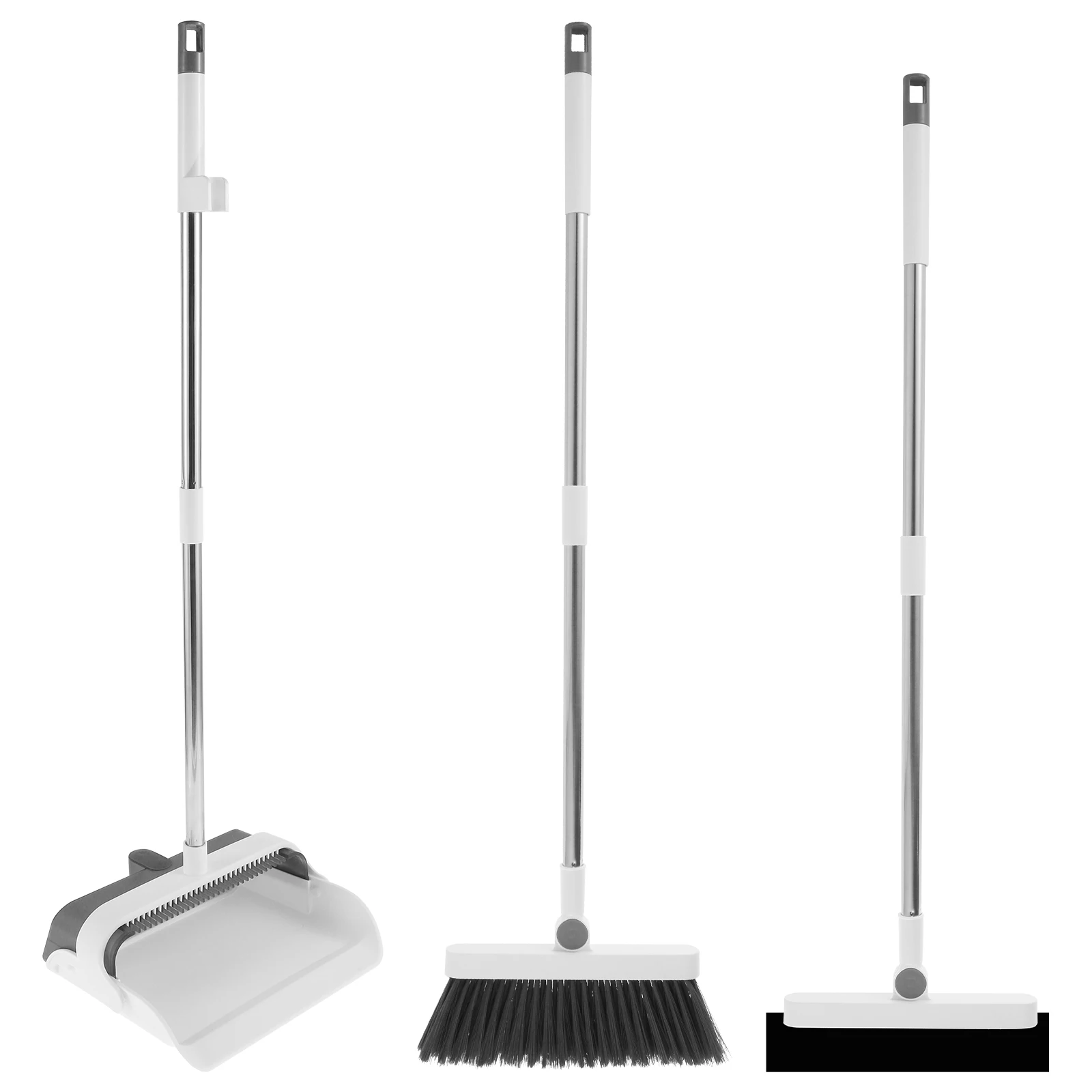 

3Pcs Floor Sweeping Set with Long Handle Portable Broom Dustpan Squeegee Set 3 Layers Bristle Stand Up Dustpan and Broom with