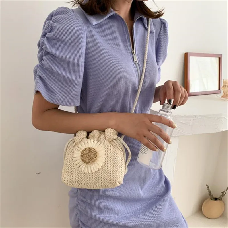 Woven Straw Mini Messenger Bag for Women Drawstring Closure Summer Cute Bucket Bag with Flower Crossbody Bag, Phone Wallet Pouch 6