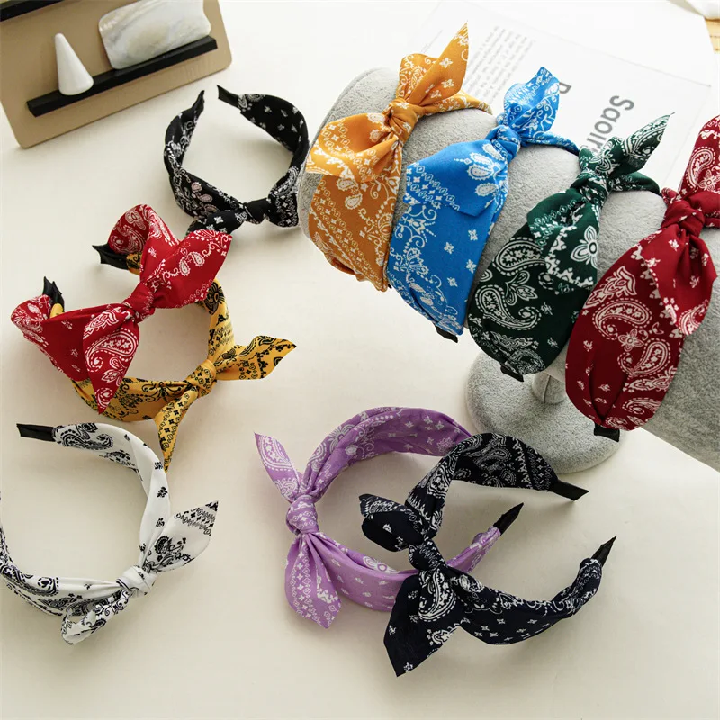 

Boho Bow Headbands Women Vintage Paisley Bandana Flower Printed Hairband Elastic Rabbit ear Headwear Wrap Cute Hair Accessories