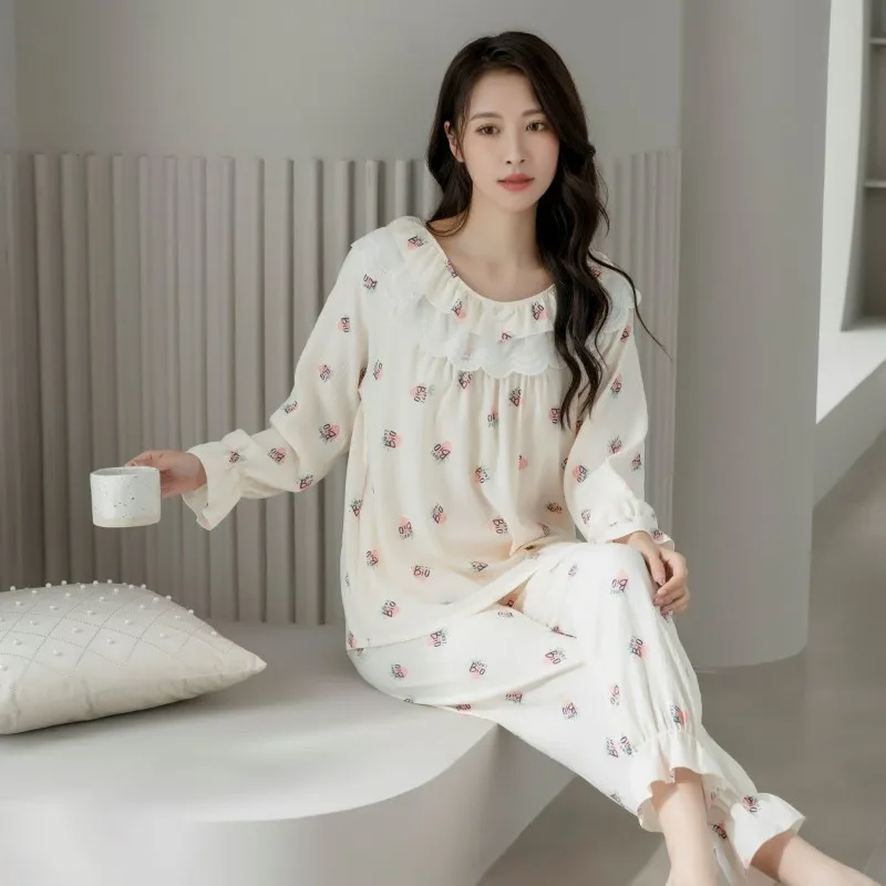 2024 New Women's Thin Long-Sleeved Pajamas Set Large Size Casual Homewear Suit Spring Autumn Female Sweet Slipover Sleepwear