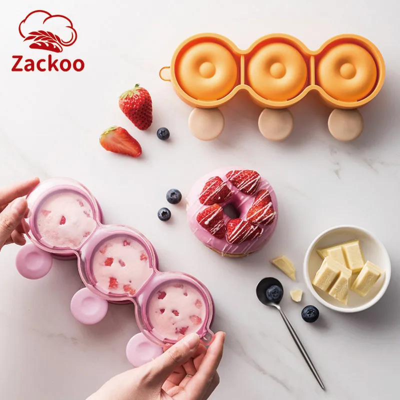

Zackoo 3 Donuts Ice Cream Mold Silicone Food Grade Kids Homemade Popsicle Kitchen Gadgets Silicone Ice Cube Maker Tray Tools