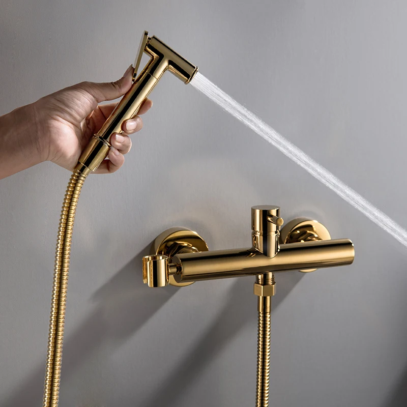 Gold Toilet Bidet Set Square Hot And Cold Bathroom Toilet Shower Blow-fed Spray Gun Nozzle Bidet Faucet Copper Bathroom Hardware