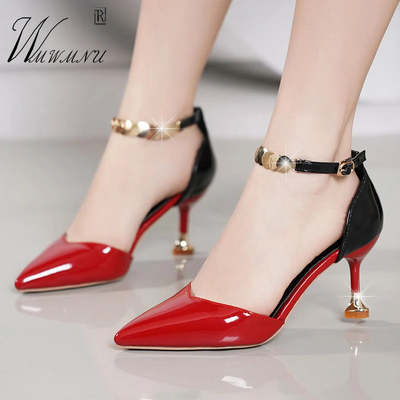 Red Sexy Spike Heels Office Lady Buckle Strap Women High Heels Pointed Toe Shallow Sandals
