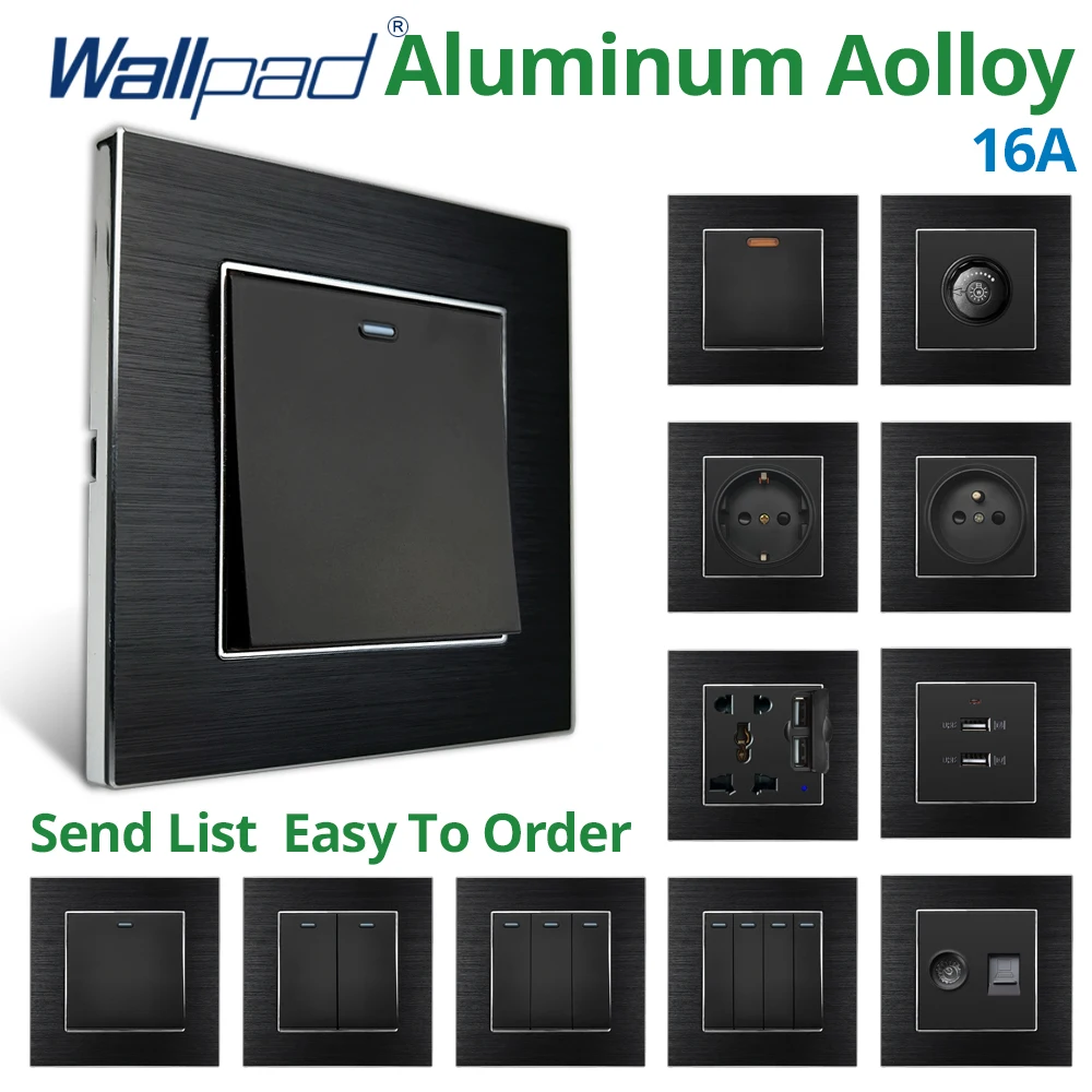 Wallpad Preto Liga de Alumínio do Painel da ue Soquetes e Interruptores Led Dimmer Gang Maneira Usb Tomada Carga