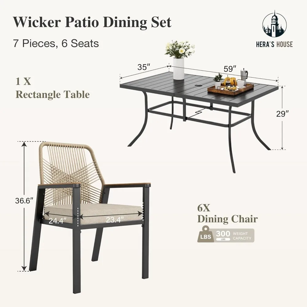 Black Metal Table with Umbrella Hole, Outdoor Rattan Dining Set for Lawn, Garden Sofas 5