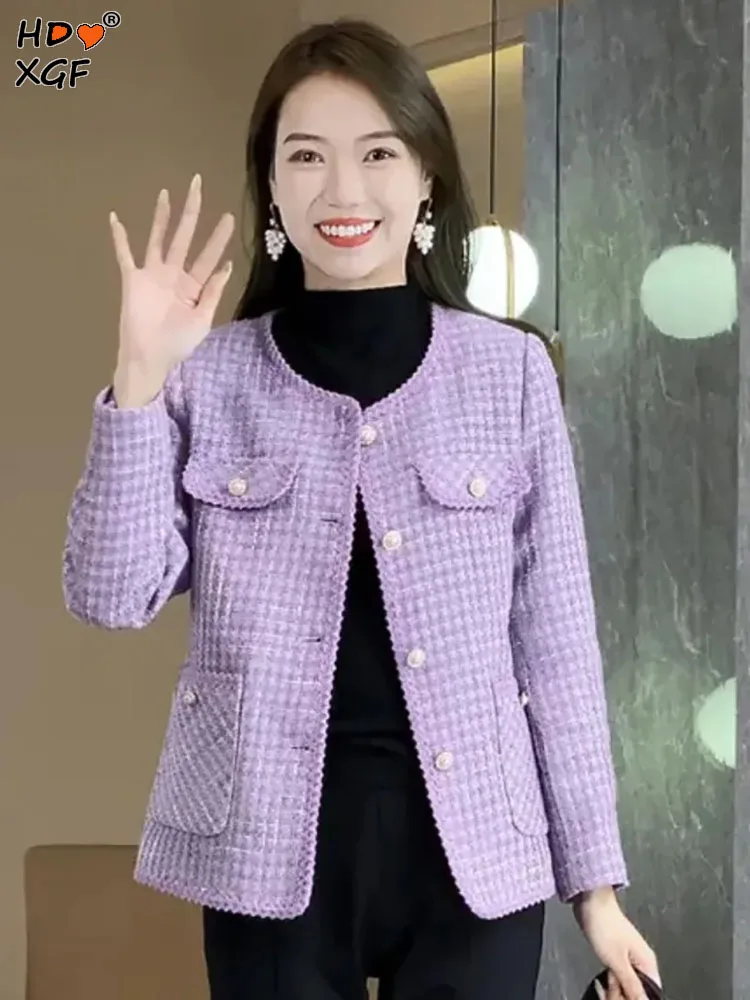 

korean fashion o-neck Single Breasted pocket women jackets Vintage Multiple colors Plaid tweed Outwear Temperament Casual coats