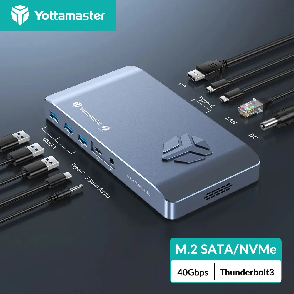 

Yottamaster Корпус для жесткого диска Yottamaster, двойные протоколы SSD, Thunderbolt3 M.2 SATA NVMe, USB3.1 GEN2 типа 40 Гбит/с