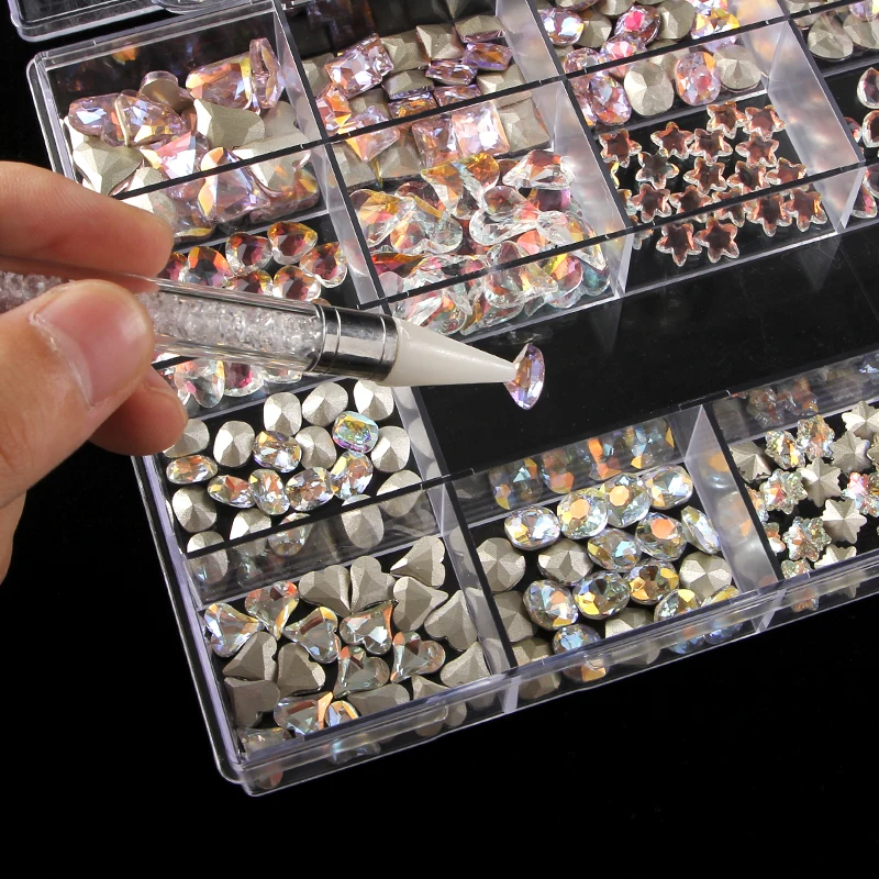 21 Grids Nail Diamond Kit with Rhinestones and Nail Pen