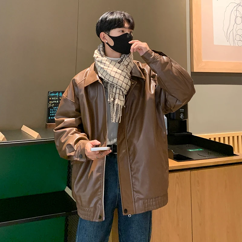 New Arrival Stylish Men's Winter Jacket with Plus Velvet, Motorcycle Leather Coat, Loose Fit, Korean Fashion Male Outwear
