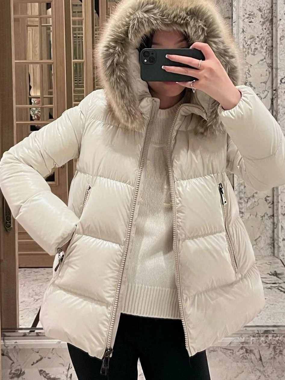 

New Spring Winter Coat Women Clothes Goose Down Coat Thick Loose New Vintage Black Fox Fur Collar Puffer Jacket Abrigos Mujer