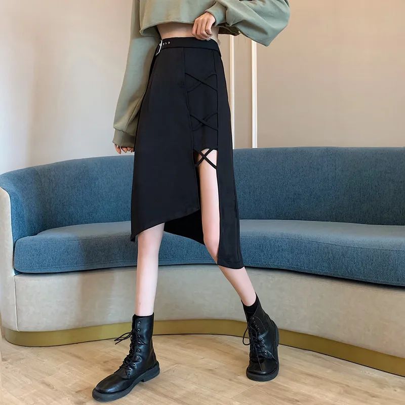 skirt and top Irregular Skirt Female Spring Summer Ladies Retro Split Skirt Asymmetrical Mid Length High Waist A-Line Thin Black Skirts Women maxi skirt Skirts