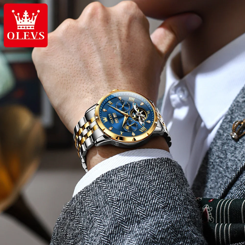 OLEVS 6691 Watch For Men Stainless Steel Moonswatch Auto Date Mechanical Wristwatch Hollow Waterproof Luminous Luxury Man Watch