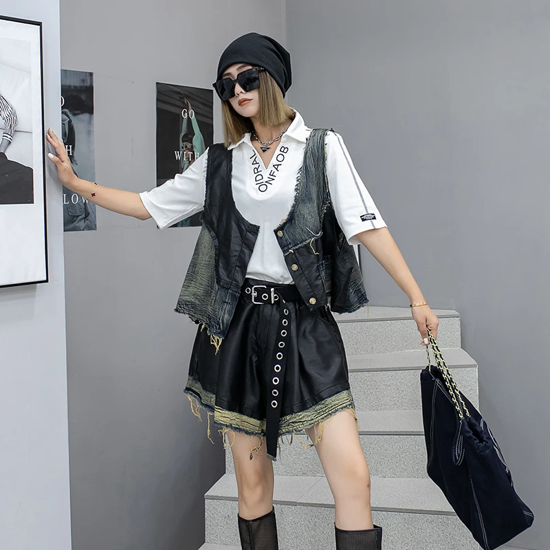

Two Piece Set Women 2023 Summer New Arrival Personality Fashion Sleeveless Pu Splicing Denim Irregular Vest Elastic Waist Shorts