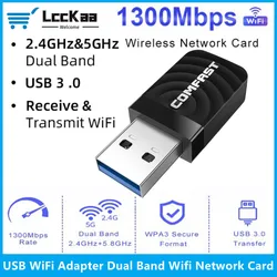 1300Mbps USB Wireless Network Card Dongle Antenna USB Wifi Adapter 5.8Ghz 2.4GHz Dual Band Wi-Fi USB 3.0 Receiver for PC Laptop