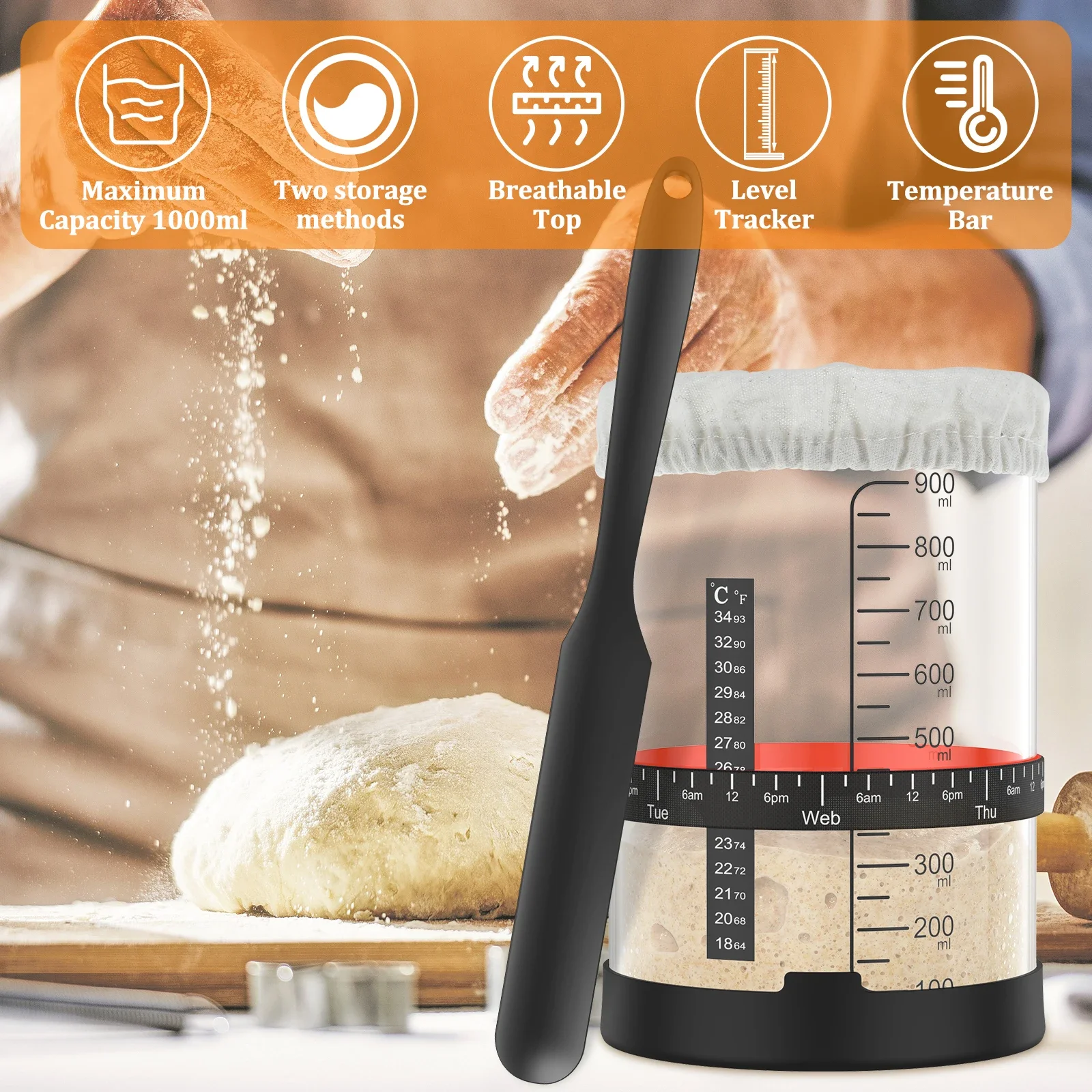 5Pcs Sourdough Starter Jar Kit 1000ml Large Capacity Sourdough Starter Container with Silicone Lid Spatula Feeding Band Reusable