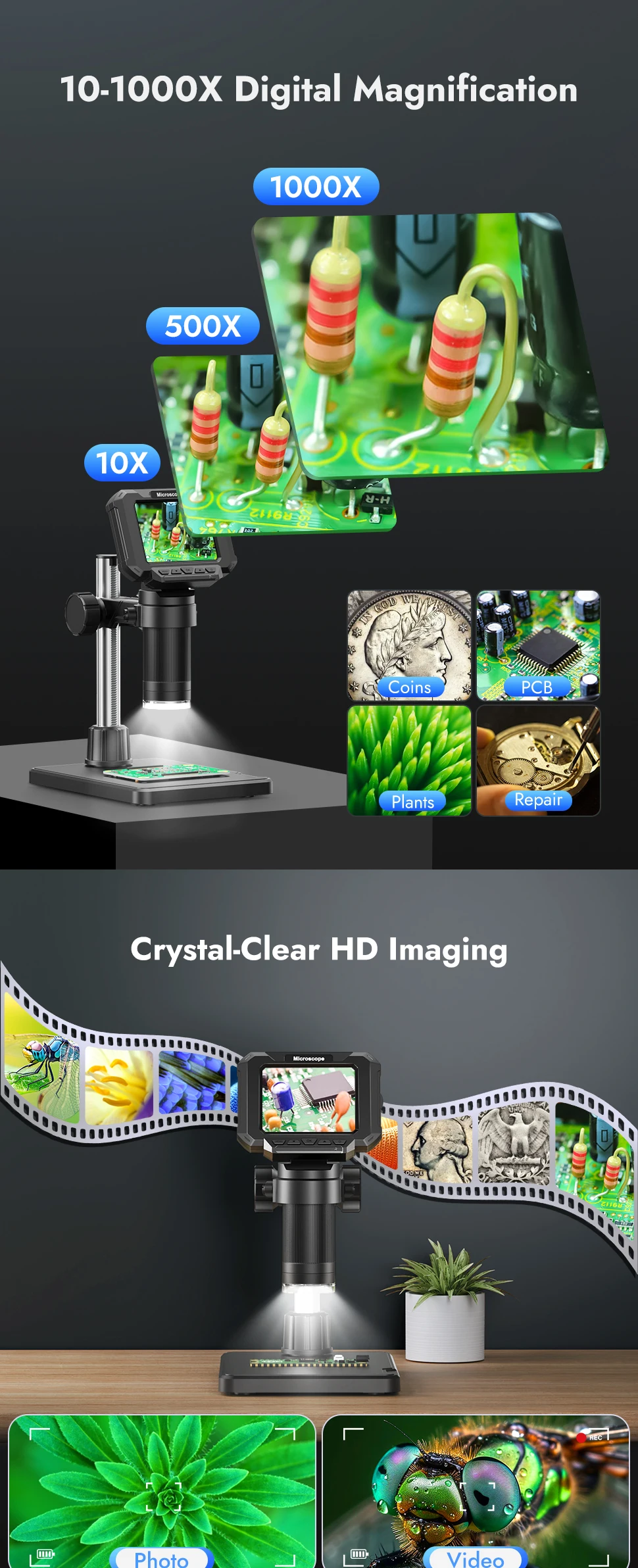 2.8 inch LCD Digital Microscope 1080P USB Magnifier 1000X for Repair Coin PCB Ci