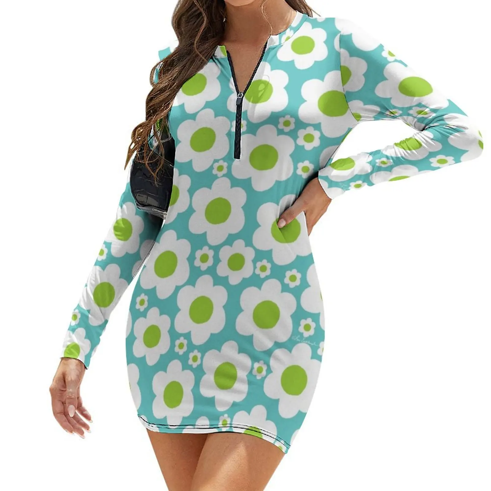 

60's Pop Flower Long-Sleeve Bodycon Dress luxury dress Beachwear Elegant gown women's clothing summer 2024 novelties