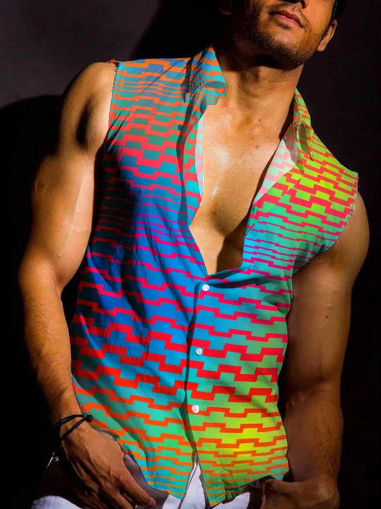 

Casual Loose 3D Print Vest Shirts Men's Summer Button Turn-down Collar Sleeveless Shirt Streetwear Fashion Clothes Men Tank Tops