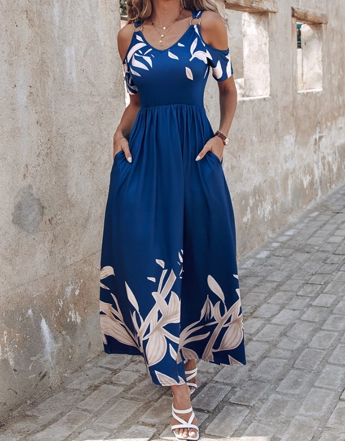 

Women Summer Dress 2024 Flower Print Hollow Out Short Sleeves V Neck Plants Print Cold Shoulder Pleated High Waist Maxi Dress