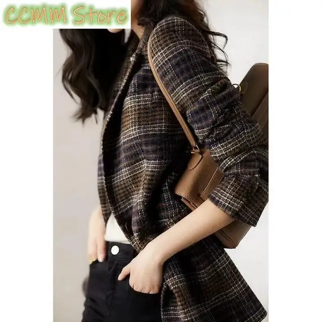 New autumn Wool Coat Retro British Style Modern Plaid Jackets Slim Waist Woolen Suit Jacket Lining Spring Blazer Female Out
