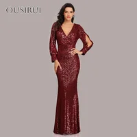 Sequined V-neck Split Long Sleeves Mermaid Prom Gown Floor Length Zipper Customized Evening Dresses vestidos de novia 1