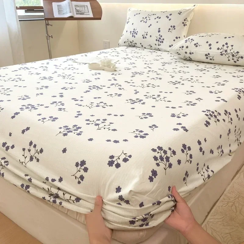 Bed Sheet with Elastic Washed Cotton Blue Flower Printed Fitted Sheet Single/Queen/King Mattress Cover for Double Beds