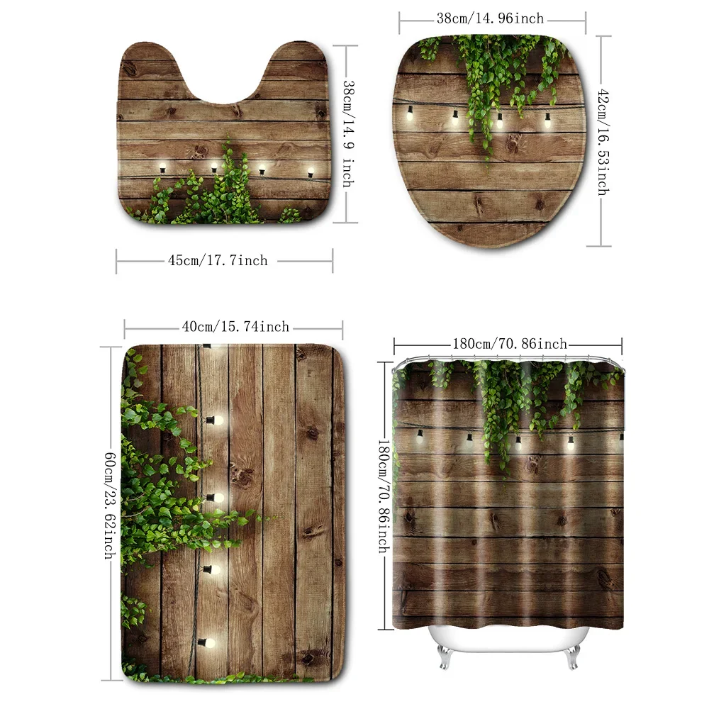 4-piece set of ivy and brown wooden board printed waterproof shower curtain, with 12 hooks and bathroom floor mats 2