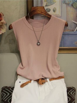 AOSSVIAO 2025 كوريا محبوك سترات المرأة بلوزة الصيف بلا أكمام المرأة س الرقبة بلوزة محبوكة قميص ملابس حريمي بلوزات حريمي 3