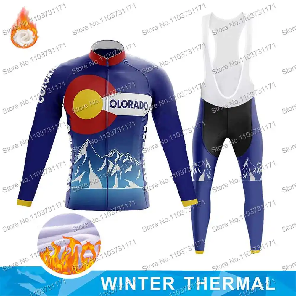 Winter Fleece Colorado Flag Cycling Jersey Set Colorado Mountain Clothing Road Bike Shirts Suit Bicycle Bib Pant MTB Maillot
