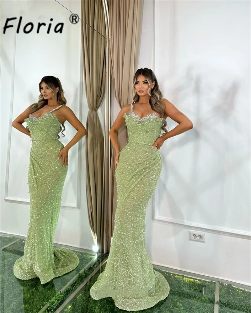 

Green Sequined Beading Mermaid Spaghetti Prom Dress Custom Made Evening Party Maxi Gowns Stunning Crystal Celebrity Occasion