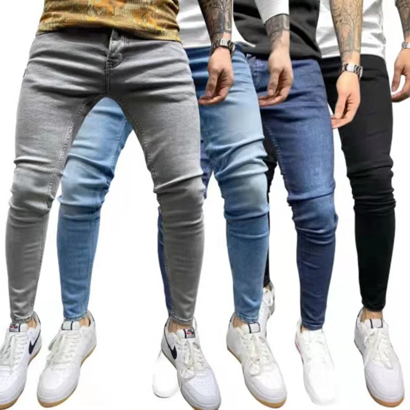 Men Jeans Street Biker Slim Fit Elastic Y2K Denim Cargo Pants Casual Retro Solid Stretch Ripped Skinny men jeans ripped jeans ripped patchwork jeans