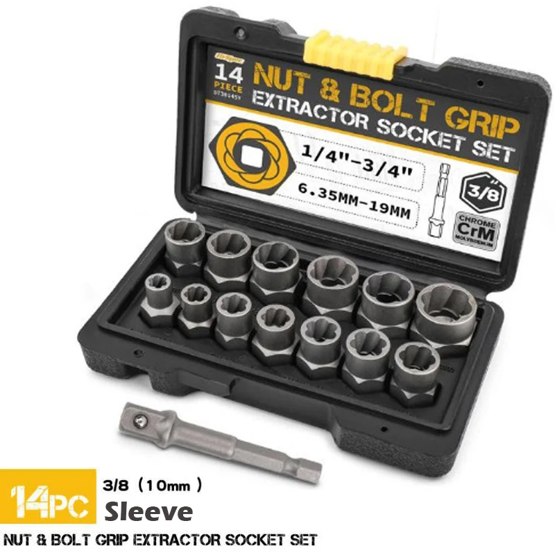 

14pcs 3/8” Drive Impact Bolt Nut Extractor Set 1/4”-3/4” Extension Rod Damaged Screw Extractor Sleeve Removal Tools Hand Tool