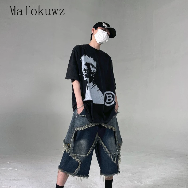American Retro Niche Star Patches Tassel Denim Shorts Men's Loose Casual Hip-hop Street Five-point Pants Men Bottom Male Clothes