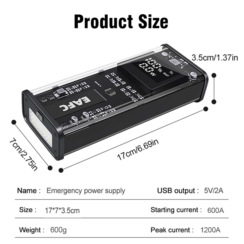 1200A Booster Starting for Car 12V Battery Portable Charger Emergency Car Jump Starter Device Power Bank with Smart Clip EVA Box