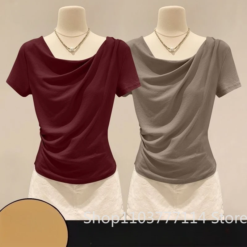 Summer Off Shoulder Top Women Summer Fashion Versatile Base Shirt Plus Size Slim Fit Short-sleeved T-shirt Casual and Sexy Beach