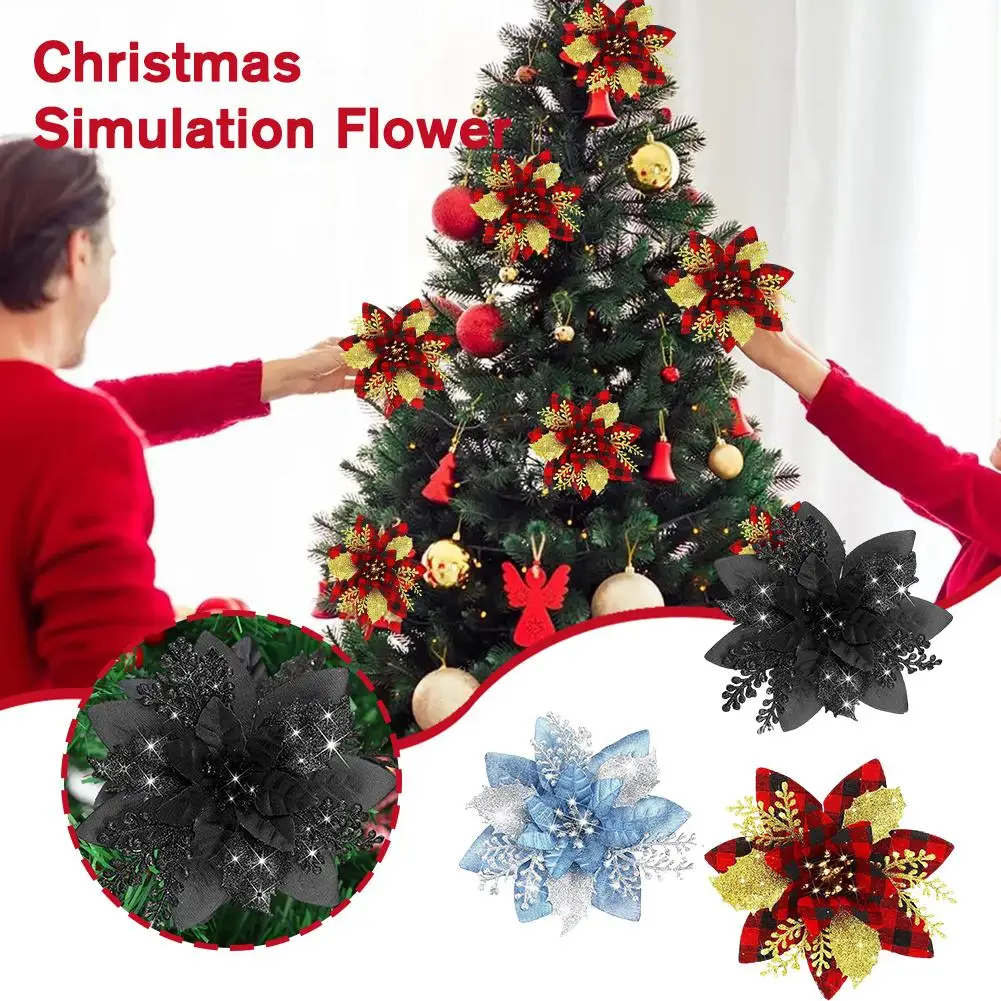 

5PCS Glitter Artifical Christmas Decoration Flowers Decoration Red Wreath Year Household Blue Tree Ornaments Black Xmas New C1F1