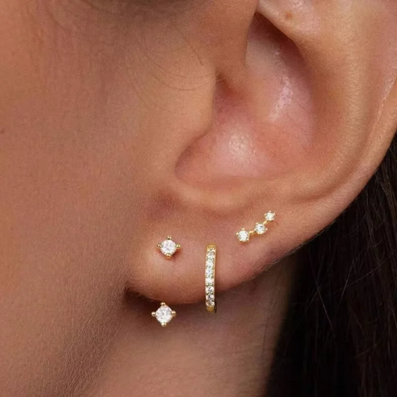 3PCS Stainless Steel Gold Color Circle Hoop Earrings Set for Women Simple Zircon Flower Stud Earring Cartilage Piercing Jewelry