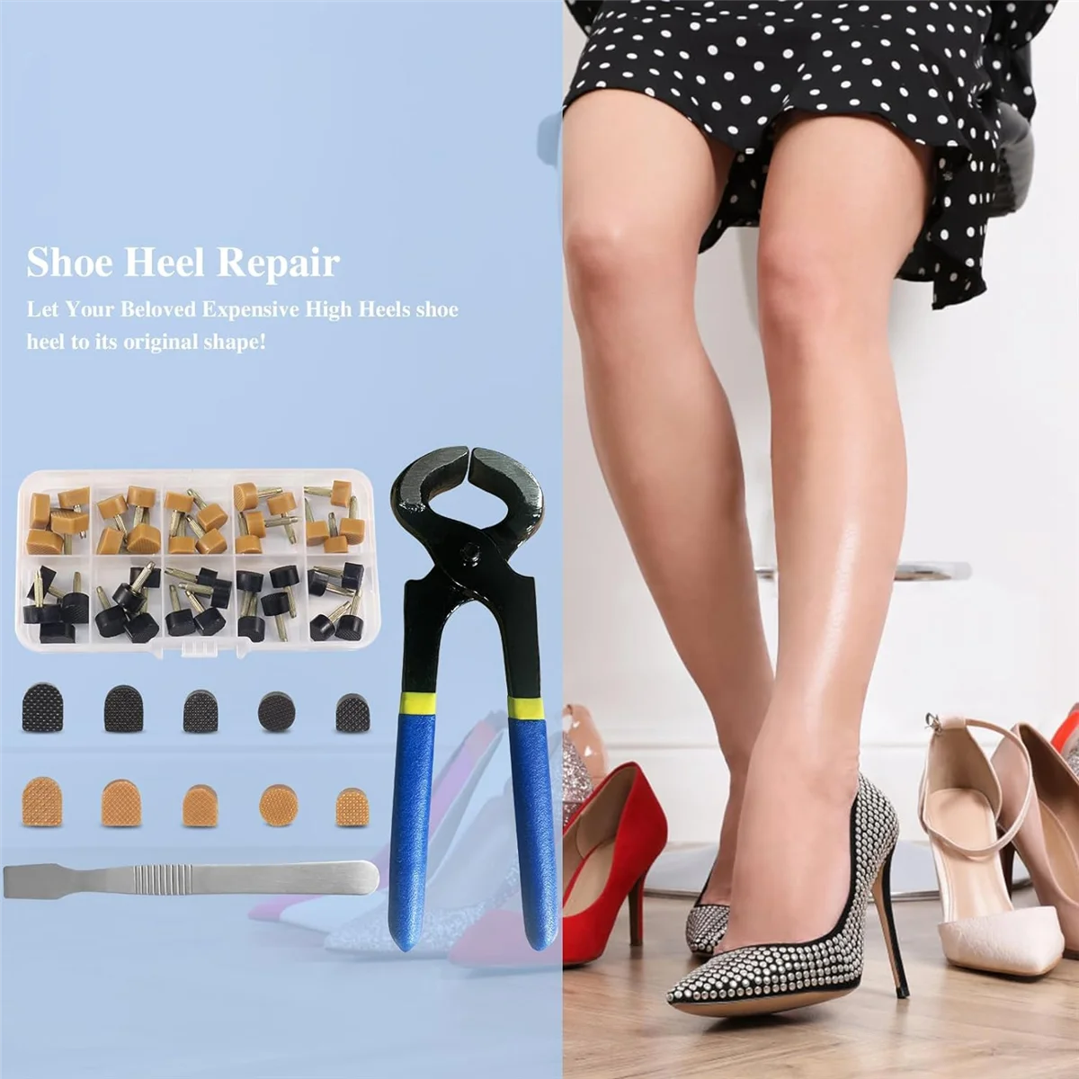 High Heel Replacement Tips Shoe Heel Repair 40 Pairs of Caps in 2 Colors with Removal Pliers Round and U Shape
