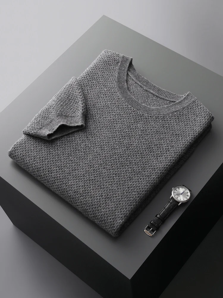 Men's Wool T-shirt Short Sleeve Spring Summer O-neck Pullover Merino Wool Knitwear Casual Cashmere Jacquard
