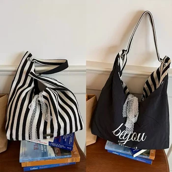 Borsa a tracolla Stripe Hobo da donna con decorazioni in pizzo e fiocco, borsa tote in tela reversibile per lo shopping quotidiano