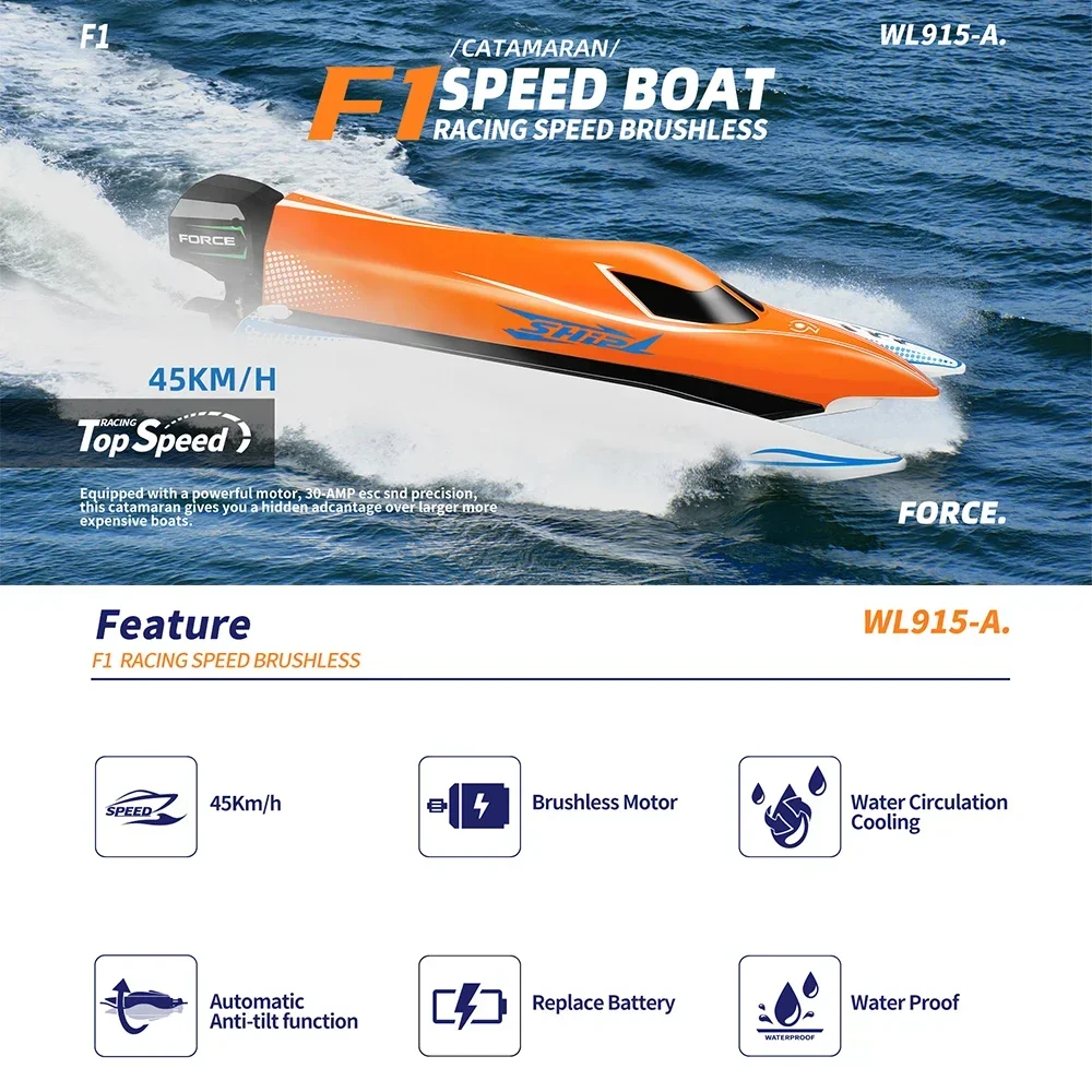 WLtoys WL915-A 45KM/H Rc Boat 2.4G Remote Control Speedboat Rechargeable Waterproof Cover Design Anti-collision Rc Boat 2