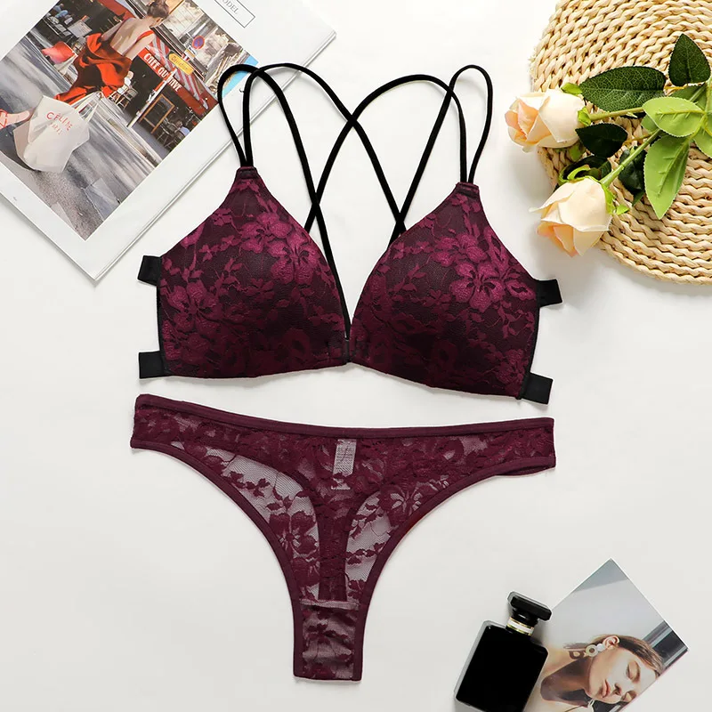 Hot Selling Sexy Lace Underwear Set European and American Style Backless Front Buckle Bra Set